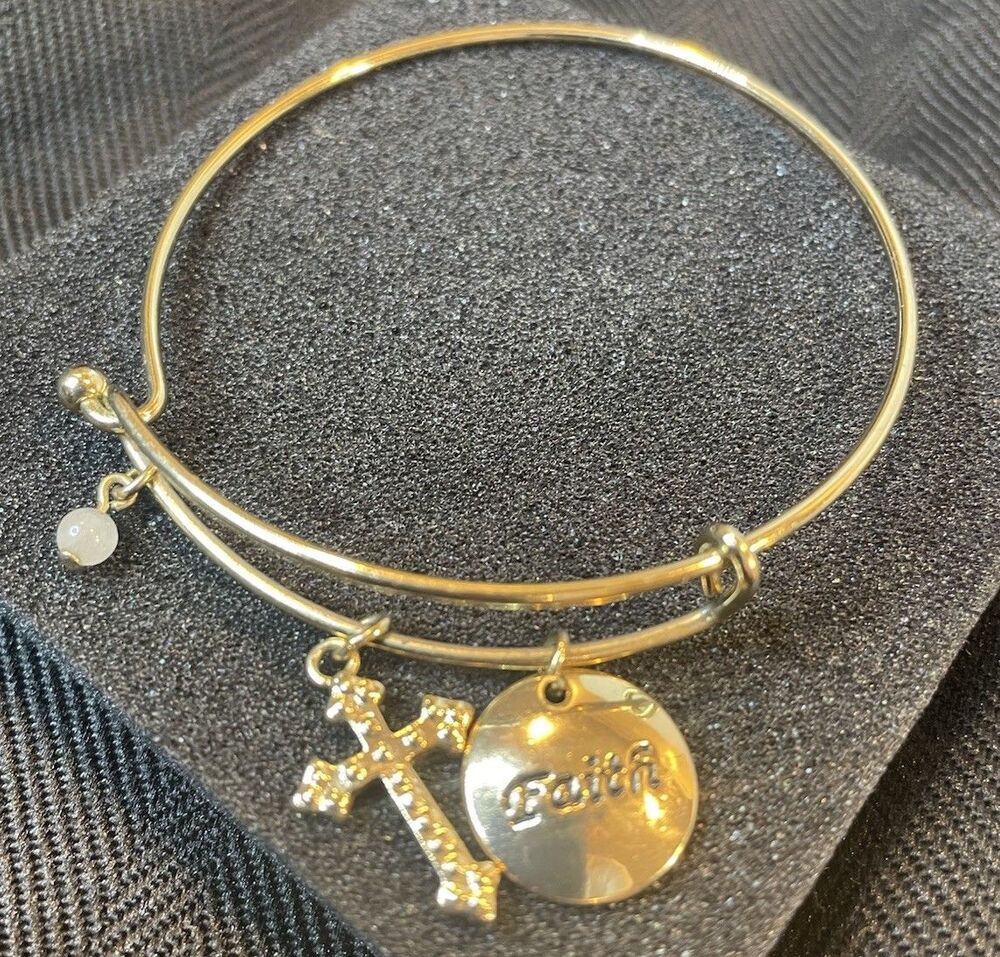 Avon Precious Charms Faith Cross Wire Bangle Bracelet Gold Tone Christian Faith